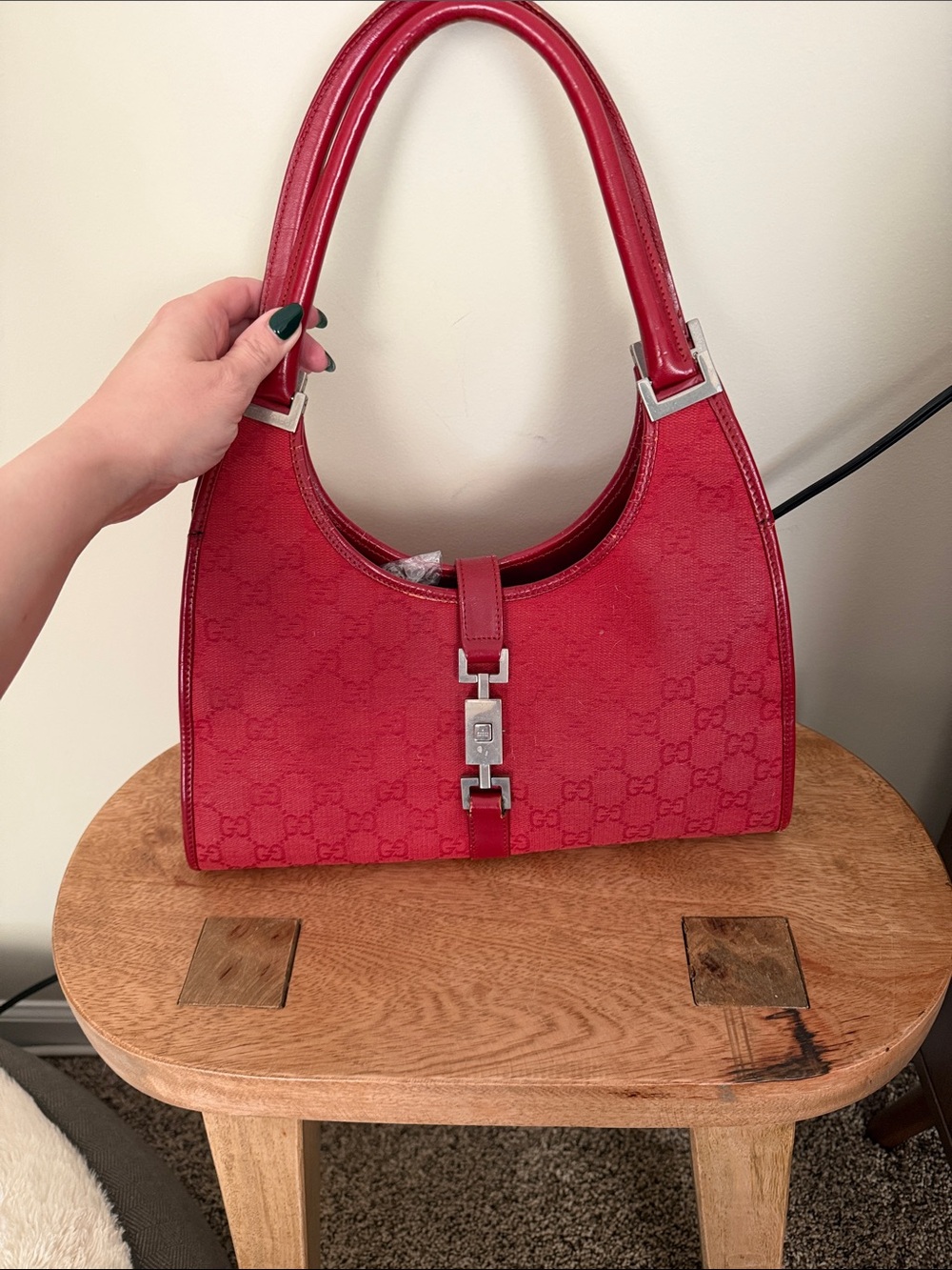 Gucci Red Jackie Horsebit GG Signature Shoulder Bag